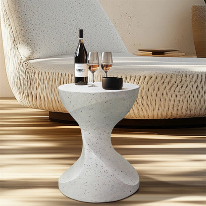 White Concrete Side Table With Hourglass Shape For Indoor Or Outdoor