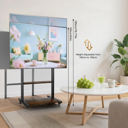 Black Industrial Heavy Duty TV Floor Stand with 2 Tier Shelves & Wheels for TVs Up to 100"