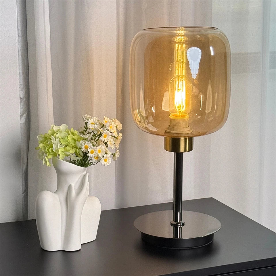 Industrial Bedside Table Lamp with Amber Glass