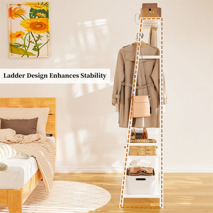 P&P White Bamboo Clothes Rack with 3 Shelves and 10 Hooks