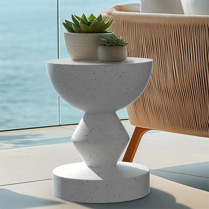 White Concrete Side Table With Sculpted Design For Indoor Or Patio Use