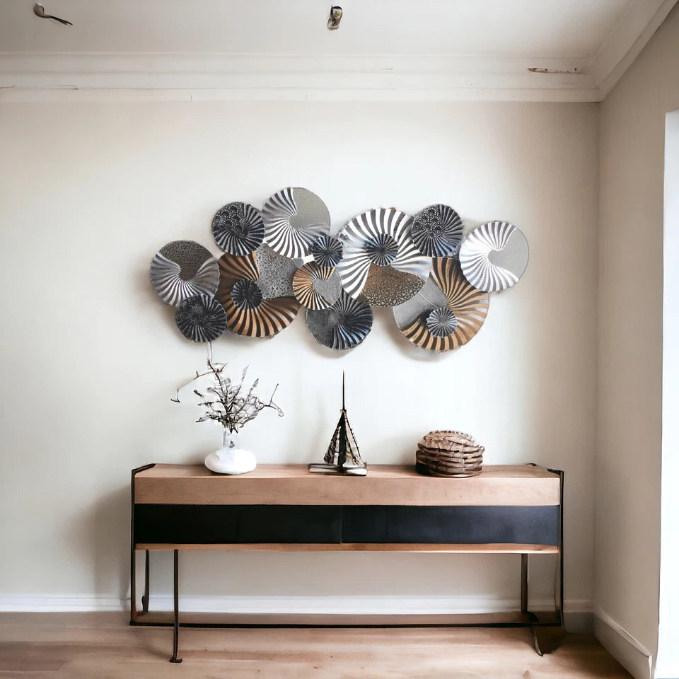 Black, White and Gold Spiral Textured Circular Metal Wall Art Sculpture