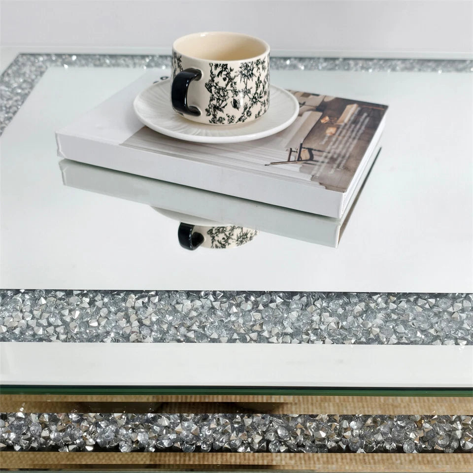 Silver Mirrored Coffee Table with Crushed Diamond Border