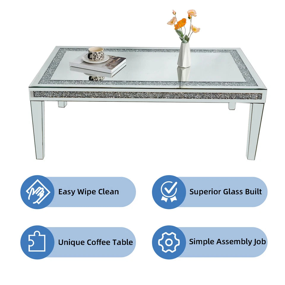 Silver Mirrored Coffee Table with Crushed Diamond Border