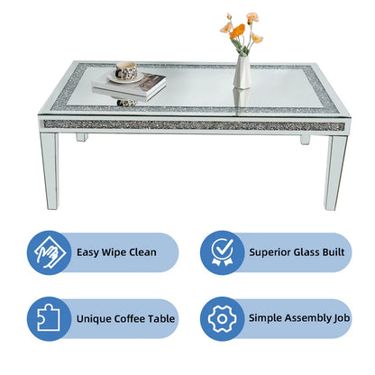 Silver Mirrored Coffee Table with Crushed Diamond Border