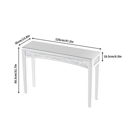 Silver Crushed Diamond Console Table With Mirror Finish And Glass Legs