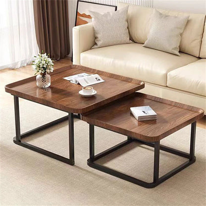 Walnut and Black Square Nesting Coffee Table Set with Industrial Charm