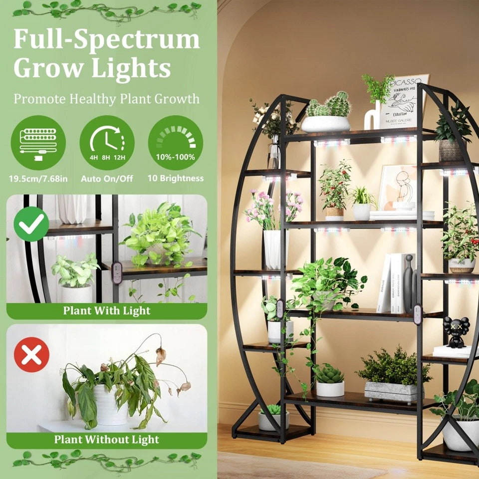 Tall Half Moon Plant Shelf with Grow Lights for Indoor Use