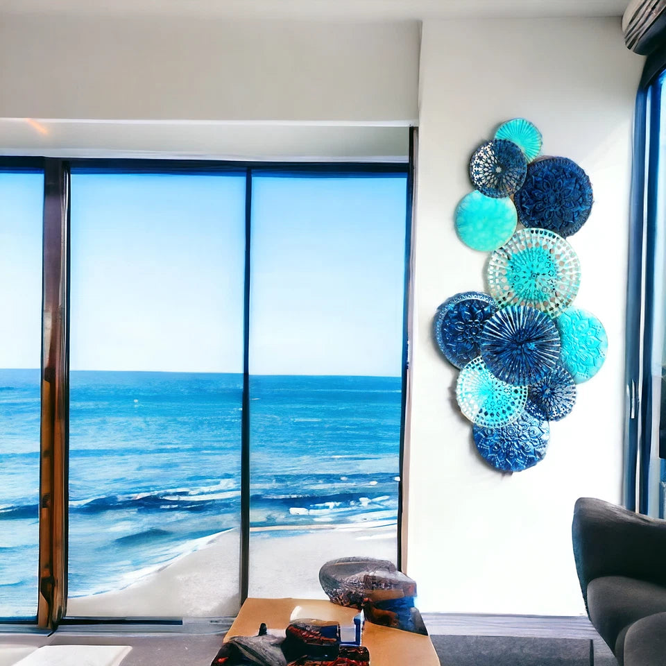 Blue and Aqua Multi-Circle Metal Wall Art - 3D Ocean-Inspired Decor