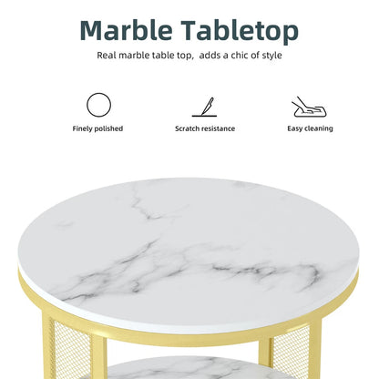 White Marble Side End Table Round Coffee Accent Table Nightstand Gold Iron Frame