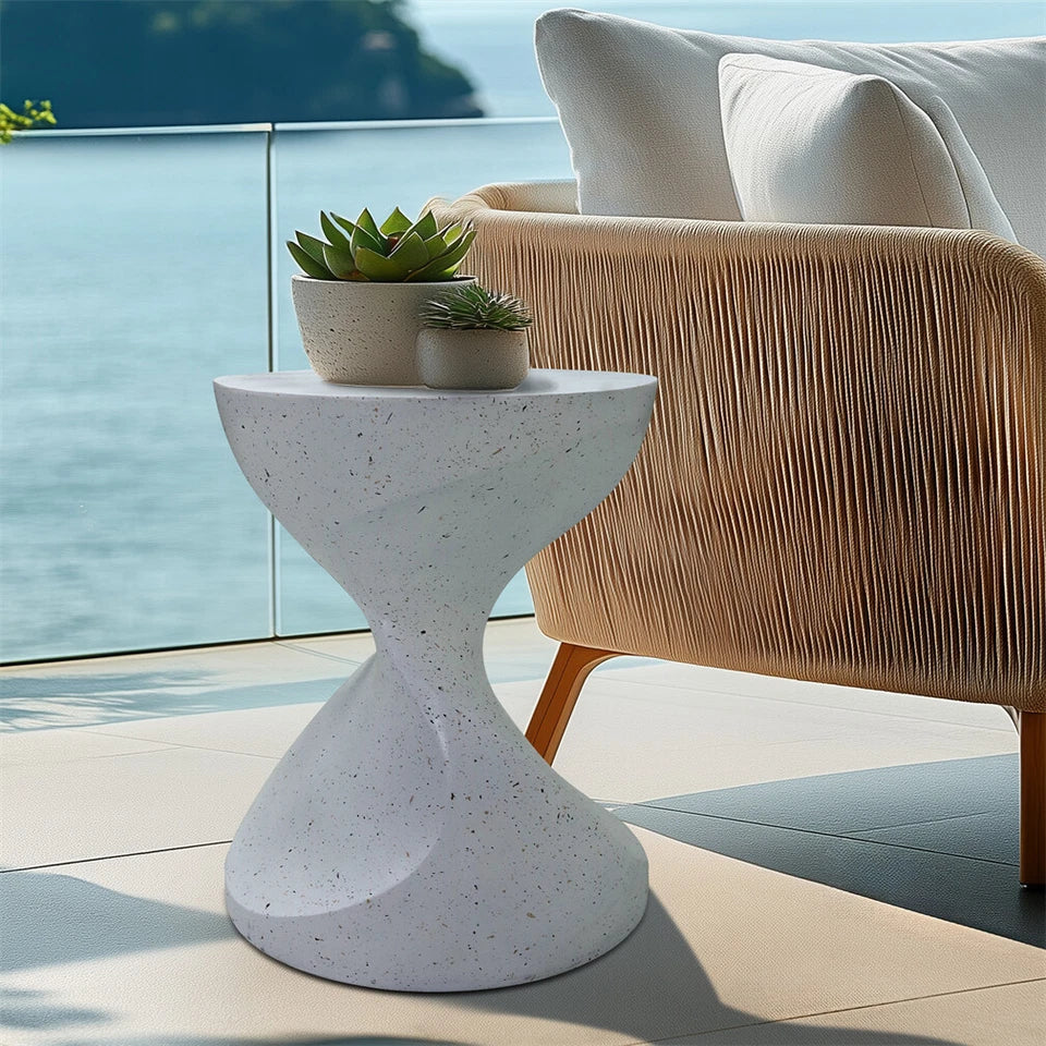 White Concrete Side Table With Hourglass Shape For Indoor Or Outdoor