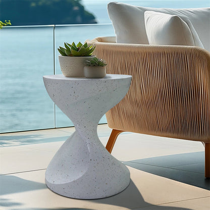 White Concrete Side Table With Hourglass Shape For Indoor Or Outdoor