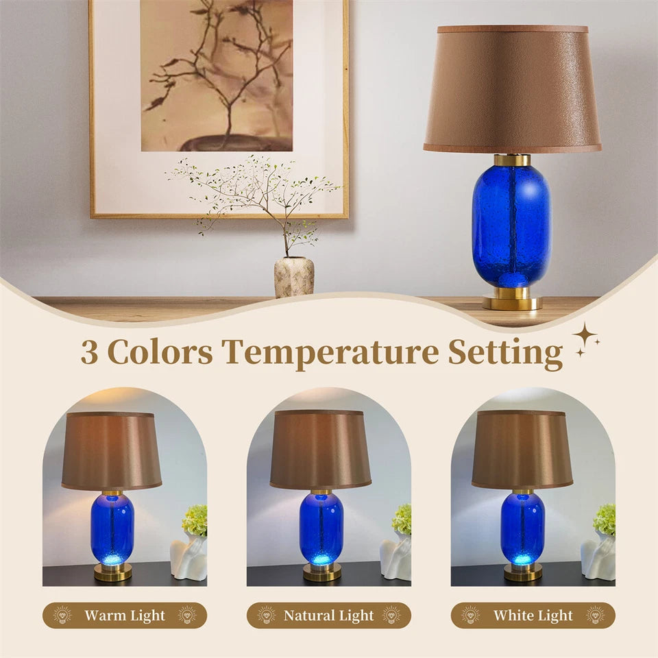 Blue Glass Table Lamp with Gold & Brown Shade