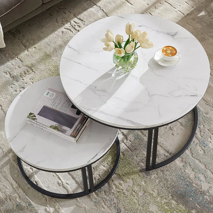 White and Gray Sintered Stone Round Nesting Coffee Tables with Metal Base