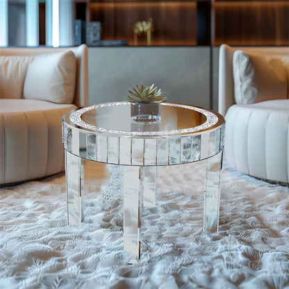 Silver Mirrored Round Coffee Table with Sparkling Crushed Diamond Detail