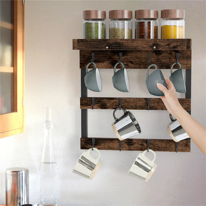 Wall Mounted Shelf Mug Cup Cupboard Kitchen Organiser Hooks Hanging Rack Holder