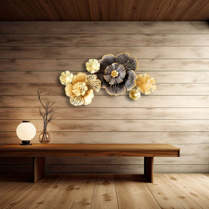 Gold & Grey Layered Elegant Floral Metal Wall Art - 3D Indoor Home Decor Accent