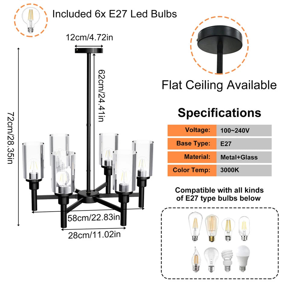 Industrial Black Metal 6-Light Pendant Lamp