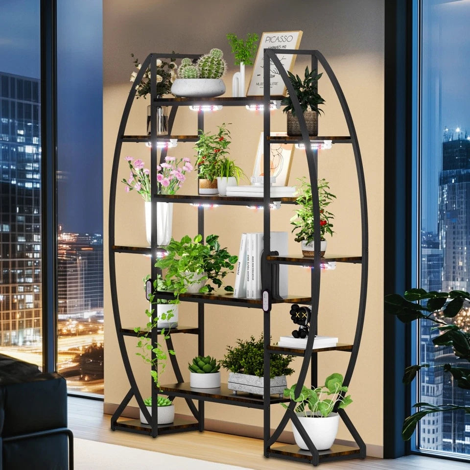 Tall Half Moon Plant Shelf with Grow Lights for Indoor Use
