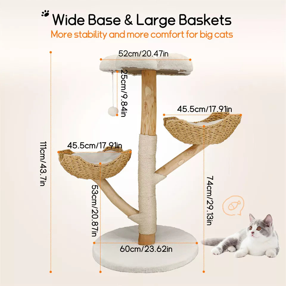 Solid Wood Cat Tree with 3 Branches & Baskets