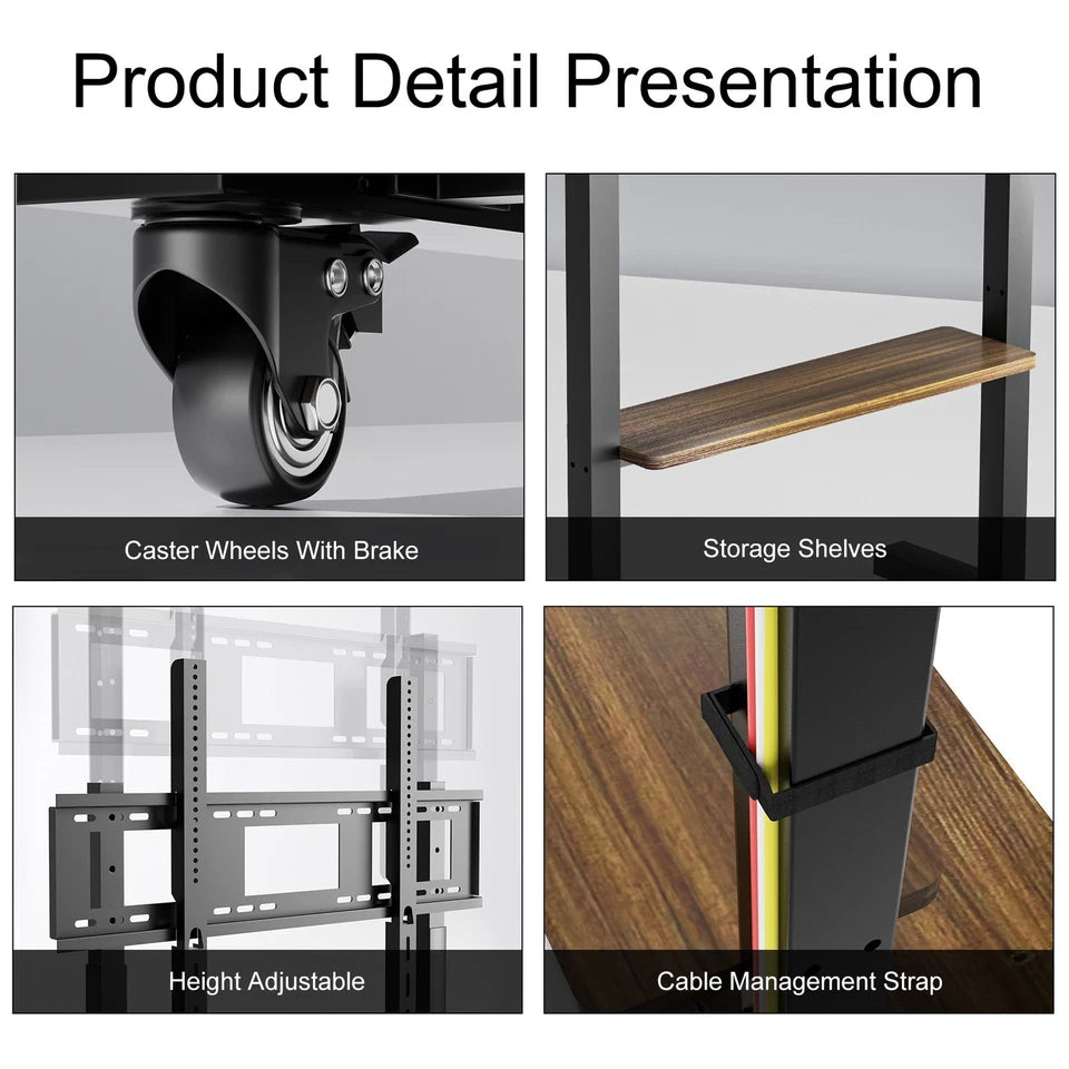 Black Industrial Heavy Duty TV Floor Stand with 2 Tier Shelves & Wheels for TVs Up to 100"