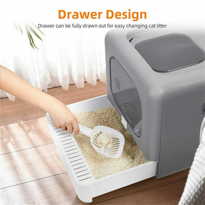 Foldable Fully Enclosed Hooded Cat Litter Box Self-Cleaning Kitty Toilet with Tray