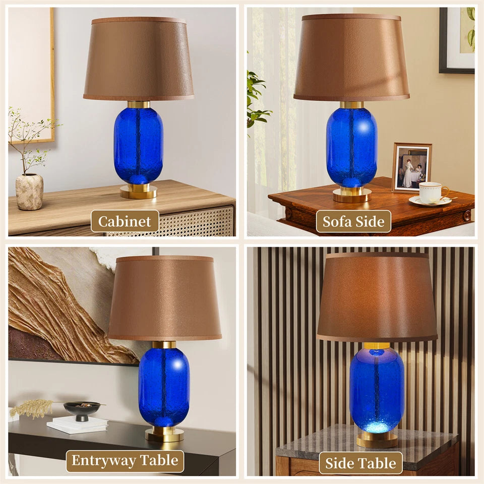Blue Glass Table Lamp with Gold & Brown Shade