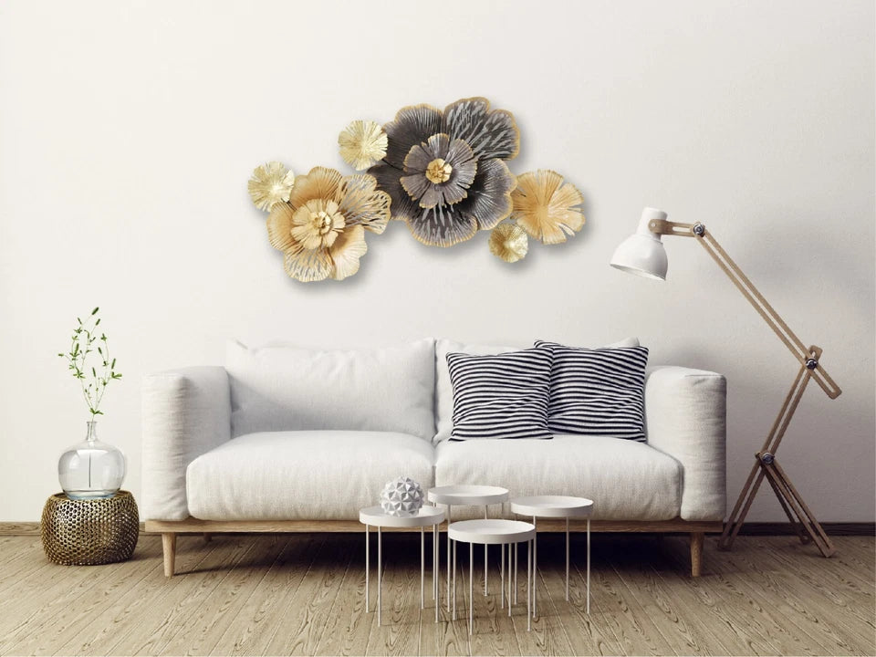 Gold & Grey Layered Elegant Floral Metal Wall Art - 3D Indoor Home Decor Accent