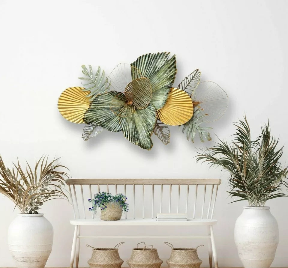 Gold and Green Leaf Metal Wall Art for Elegant Botanical Home Decoration