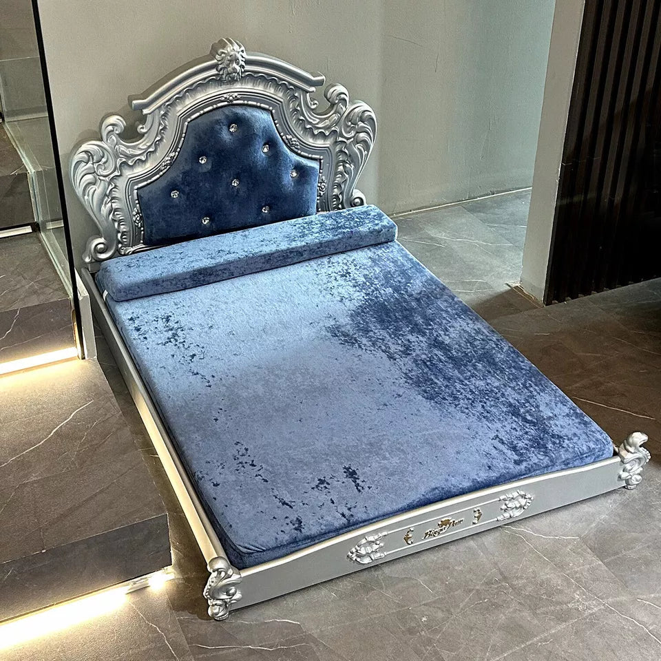 Baroque Pet Sofa with Velvet & Headboard(Blue)