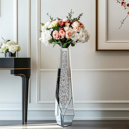 P&P Silver Sparkling Diamond Floor Vase with Glass Inlay for Modern Living Room Decoration