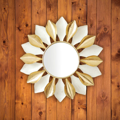 Gold Round Metal and Glass Wall Mirror with Elegant Pattern for Home Decor