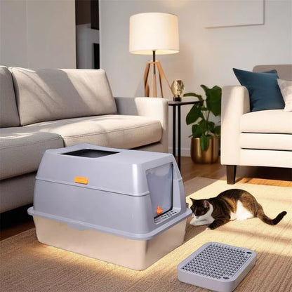 Extra-Large Stainless Steel Cat Litter Tray with Durable Lid and Scoop