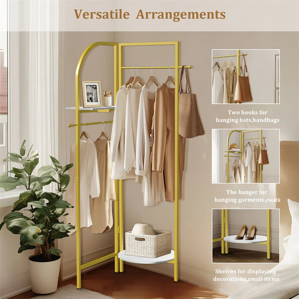 P&P Gold Freestanding Metal Corner Clothing Rack with Adjustable Folding Design