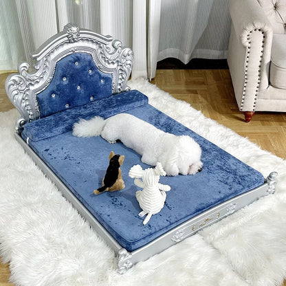 Baroque Pet Sofa with Velvet & Headboard(Blue)