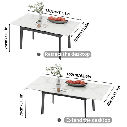 Glossy White Extendable Sintered Stone Dining Table With Sleek Metal Frame
