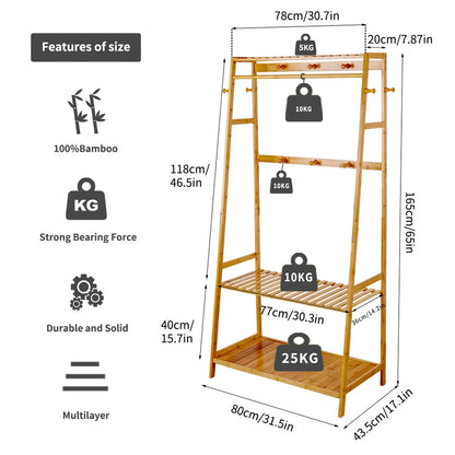 Rail Bamboo Clothes Rack Garment Hanging Stand 3 Tier Storage Shelves Closet