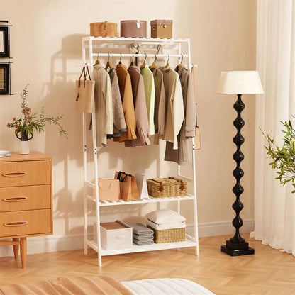 P&P White Bamboo Clothes Rack with 3 Shelves and 10 Hooks
