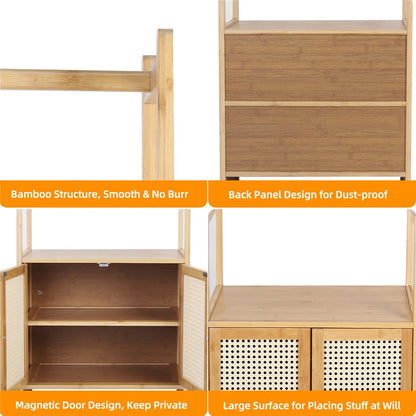 Natural Wood Modern Bamboo Clothes Rack with Storage Cabinet & Hooks