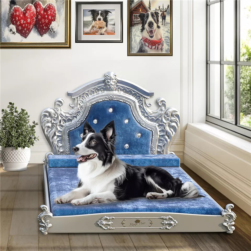 Baroque Pet Sofa with Velvet & Headboard(Blue)