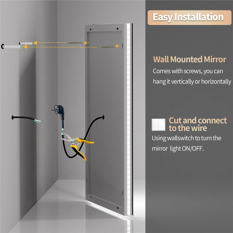 900-700mm Dimmable LED Bathroom Mirror Anti Fog Wall Mounted Vanity Makeup Mirror
