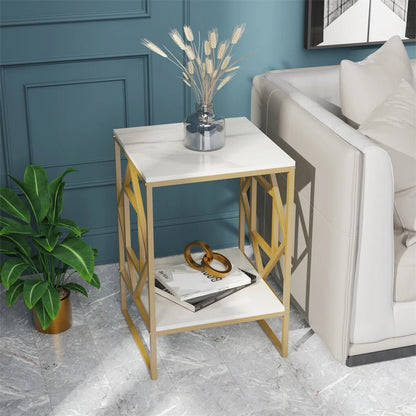 High Gloss Solid Marble Side Table Unique Design 2 Tier Nightstand Sofa End Table