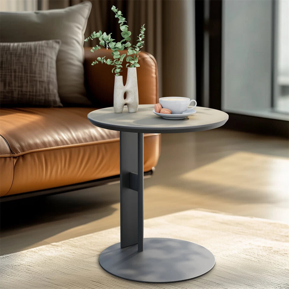 Light Grey Saddle Leather C-Shaped Side Table With Black Iron Frame