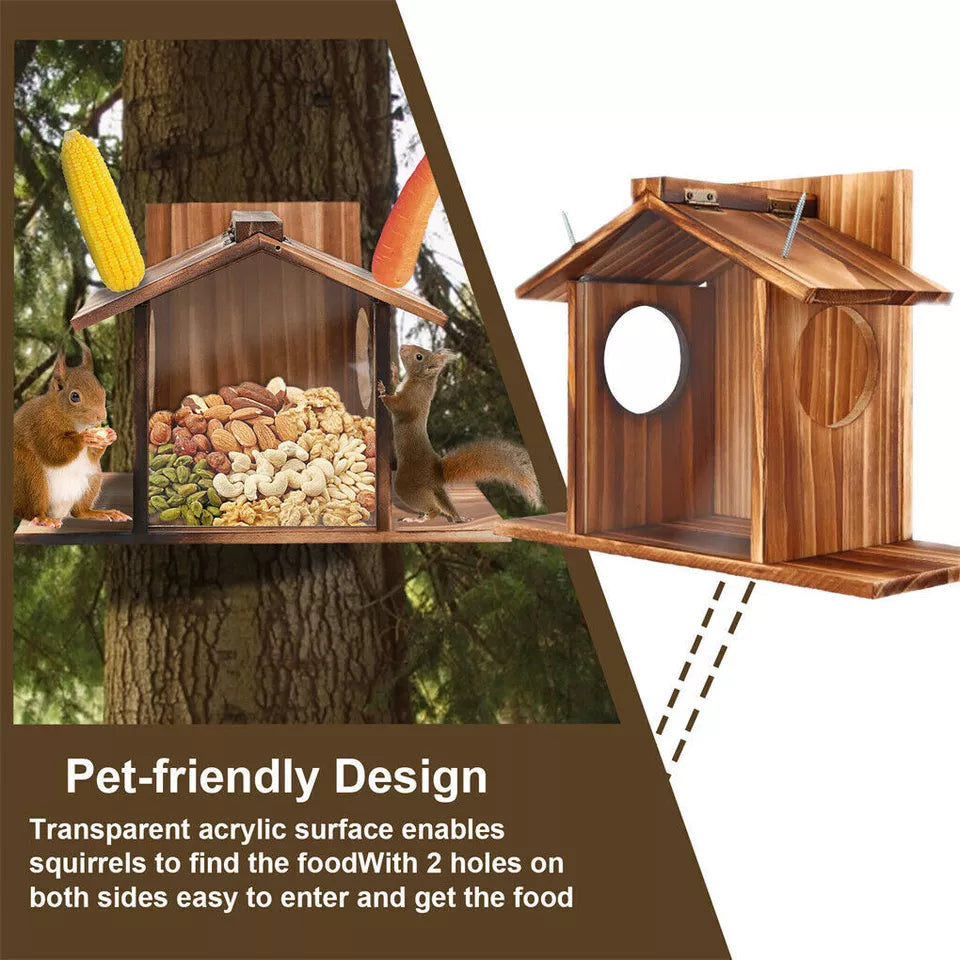 Wooden Wall Hanging Squirrel Feeder with Open Roof
