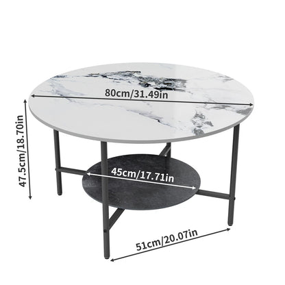 White & Black Round Coffee Table with 2?Tier Sintered Stone & Storage