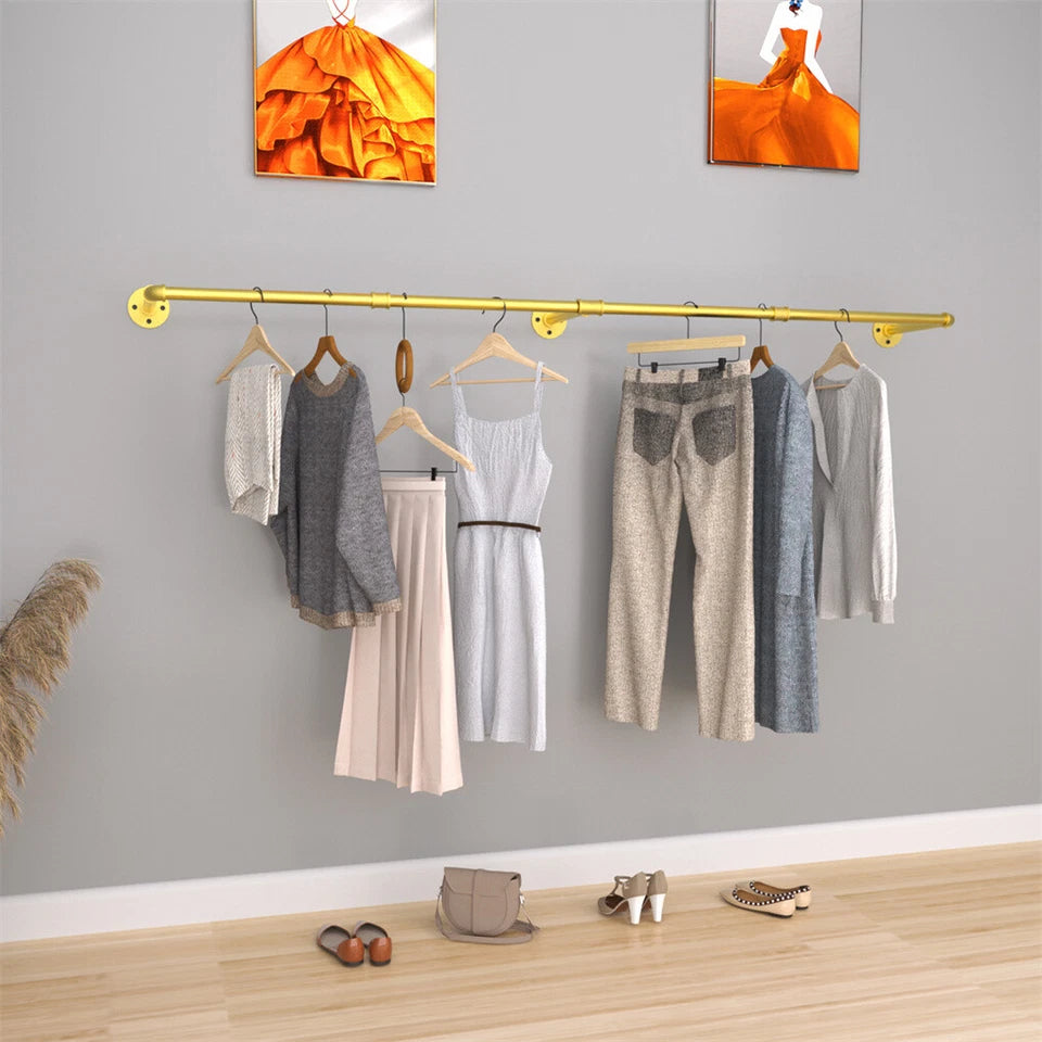 Heavy Duty Clothes Rack Wall Mounted Hanging Garment Rack Gold Metal Closet Rod