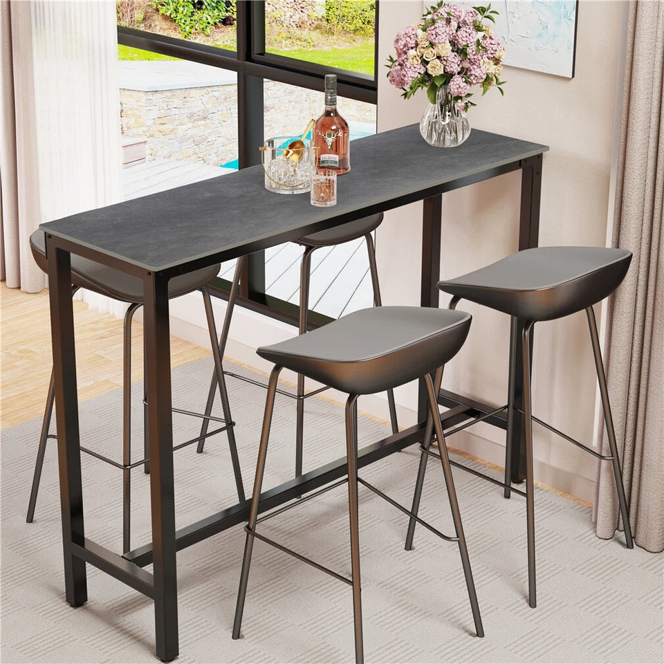 Matte Black Rectangular Bar Table With Sleek H-Frame Base And Comfort Footrests