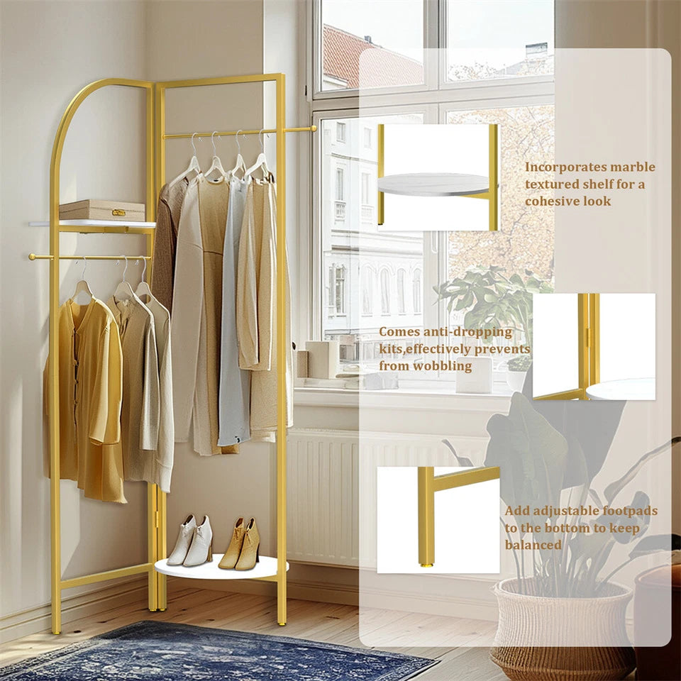 P&P Gold Freestanding Metal Corner Clothing Rack with Adjustable Folding Design