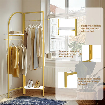 P&P Gold Freestanding Metal Corner Clothing Rack with Adjustable Folding Design