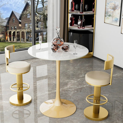 White Round Sintered Stone Bar Table With Gold Pedestal Base For Modern Interiors
